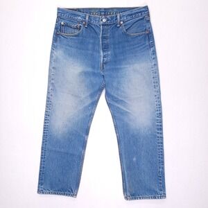 Vintage Levis 501 Mens Jeans Medium Wash Blue Denim 36x27 Button Fly Distressed